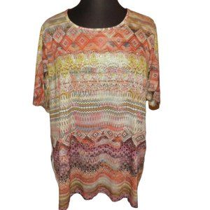 Catherines Geometric Print Beaded Top, Orange/Tan/Brown
